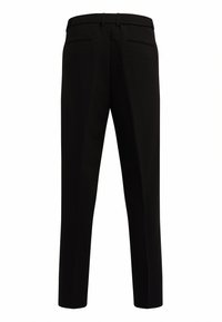 Pantalons noirs ajustés avec une coupe slim, présentant un devant plat, deux poches arrière et une texture de tissu lisse.