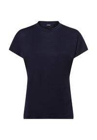 Marineblauw t-shirt met korte mouwen en een hoge halslijn. Gemaakt van zachte stof, met een eenvoudig ontwerp zonder patronen of versieringen.