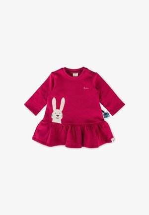 Vestito rosso da neonata a maniche lunghe con gonna arricciata e applicazione di coniglietto sorridente sul davanti a sinistra.