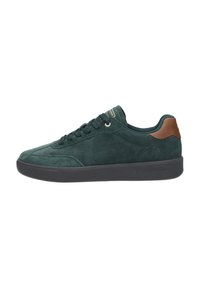 Adidași din suede verde, cu o talpă din cauciuc negru, având șireturi rotunde, un accent din piele maro pe toc și detalii perforate.