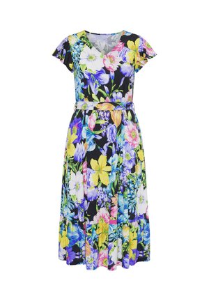Květinové midi šaty s krátkými rukávy, výstřihem do V, přiléhavým pasem a vícebarevnými květy na černém pozadí.