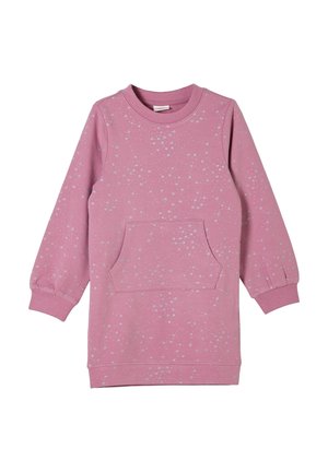 Różowa sukienka dla dzieci z długim rękawem, ozdobiona srebrnymi, gwiazdkowymi drobinkami oraz przednią kieszenią typu kangur. Ma ribbowane mankiety i kołnierz.