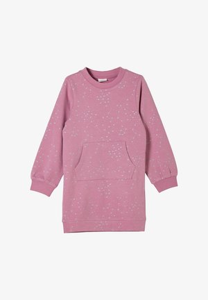 Różowa sukienka dla dzieci z długim rękawem, ozdobiona srebrnymi, gwiazdkowymi drobinkami oraz przednią kieszenią typu kangur. Ma ribbowane mankiety i kołnierz.