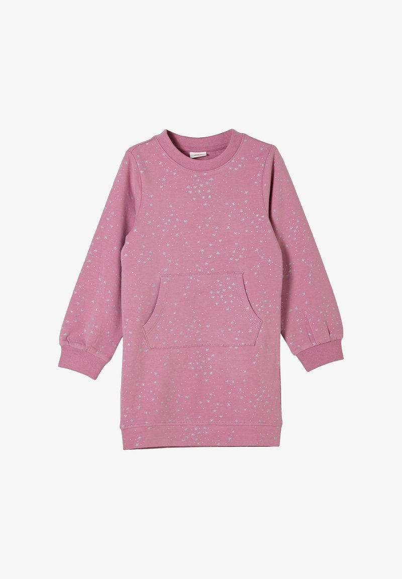 Robe pour enfants à manches longues, rose, ornée de paillettes argentées en forme d'étoiles et d'une poche kangourou à l'avant, avec des poignets et un col côtelés.