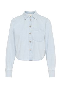 Light blue denim jacket with a collared neckline, button front, long sleeves, and a single chest pocket. Features a cropped hem and subtle texture.