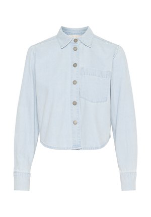 Light blue denim jacket with a collared neckline, button front, long sleeves, and a single chest pocket. Features a cropped hem and subtle texture.