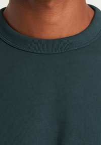 Mörkgrön bomullströja med rund halsringning och ribbad krage. Slät textur, avslappnad passform, inga synliga mönster eller designer.