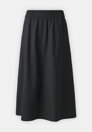 Zwarte knielange rok met een elastische tailleband, een soepele textuur en een eenvoudig ontwerp. Geen patronen of accenten aanwezig. Lichte stof.