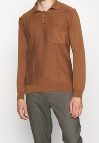 Polo marrone a maniche lunghe con colletto a coste, placca con tre bottoni, cuciture laterali e taschino sul petto. Indossato con pantaloni a scattoni.