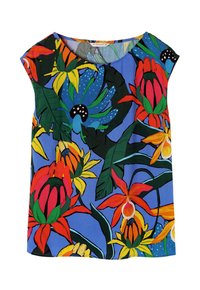 Kurzärmliges Oberteil mit lebhaftem Blumenmuster in Blau, Orange, Grün, Gelb und Rot, Rundhalsausschnitt und weichem Stoffgefühl.