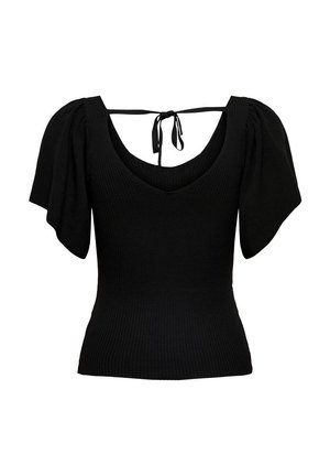 Czarny, prążkowany top z krótkimi bufkami i szerokim dekoltem, z zapięciem na kokardkę z tyłu. Miękka tekstura i dopasowany krój.