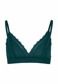Bralette triangle en vert foncé, avec des accents en dentelle le long des bords, des bretelles réglables et une fermeture à crochets au dos.
