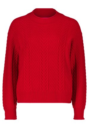Červený pletený svetr s texturovaným vzorem hřebenu, kulatým výstřihem a žebrovanými manžetami a spodním lemem. Volný střih s dlouhými rukávy.