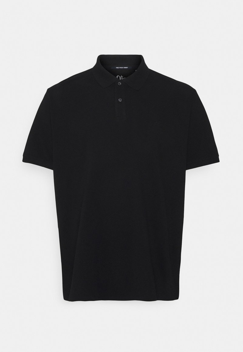 Polo noir à manches courtes avec col et patte à deux boutons, présenté à plat sur un fond clair.