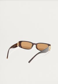 Brune solbriller med en skjoldpaddeinnfatning og gullhardwaredetaljer på templene. Slanke armer med en glatt finish.