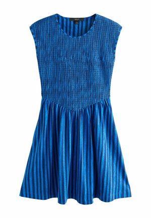 Blue sleeveless dress with vertical dark blue stripes, fitted smocked bodice, and flared skirt, labeled "NEXT" at the neckline.