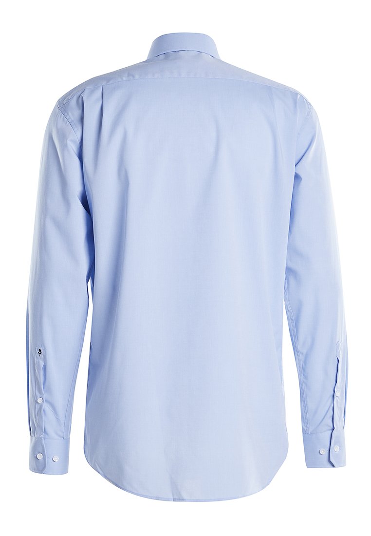 Hellblaues Baumwollhemd mit Rückenpasse, langen Ärmeln, knöpflbaren Manschetten und abgerundetem Saum. Hat eine glatte Textur und ein maßgeschneidertes Design.