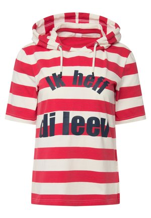 Hoodie a righe rosse e bianche con maniche corte, dotato di tasca kangaroo e testo audace "Ik heff di leev" in blu navy.