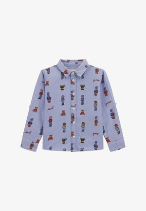 Camicia a maniche lunghe azzurro chiaro con motivi di orsi colorati e la parola "guess" in rosso. Realizzata in tessuto morbido con bottoni.