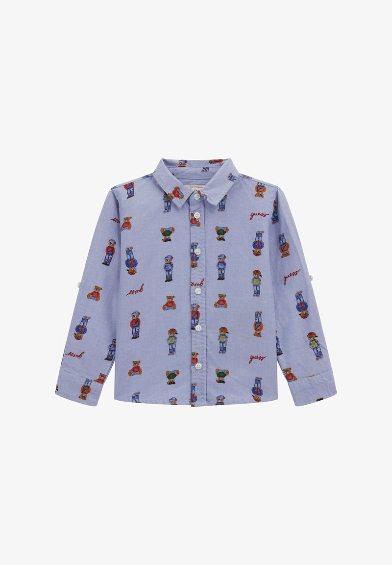Camicia a maniche lunghe azzurro chiaro con motivi di orsi colorati e la parola "guess" in rosso. Realizzata in tessuto morbido con bottoni.