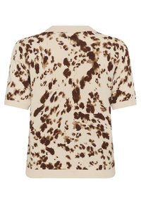 Beżowy sweter dzianinowy z brązowym wzorem w kropki, krótkie rękawy, fakturowany materiał, okrągły dekolt oraz ribbowe wykończenie u dołu. Wyświetlony widok z tyłu.