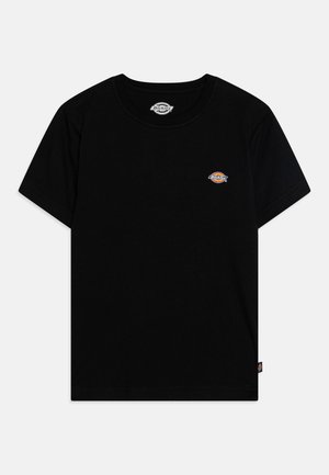 T-shirt en coton noir avec un col rond et des manches courtes. Présente un petit logo coloré de Dickies brodé sur la poitrine.