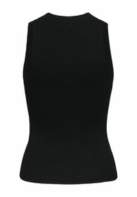 Mustmust shirt, ilma varrukat, keha lähedane disain, ümmargune kaelus ja tekstuuriga kootud muster. Nähtavaid riistu ega kaunistusi pole.