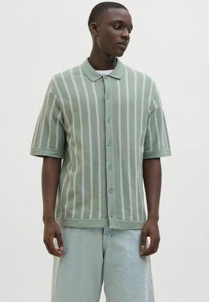 Polo vert à manches courtes avec des rayures verticales blanches, en tissu texturé, avec fermeture à boutons et col pointu. Offre une coupe décontractée.