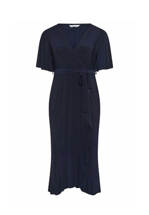 Marineblauwe midi wikkeljurk met korte, fladderende mouwen, V-hals, tailleceintuur en asymmetrische volantzoom.