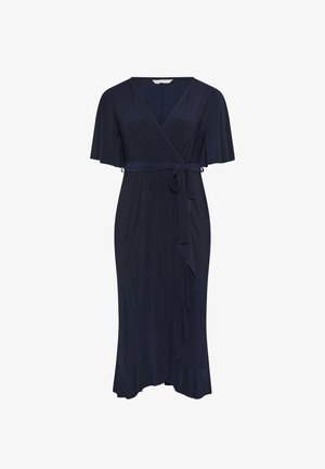 Vestito midi a portafoglio blu navy con maniche corte svolazzanti, scollatura a V, cintura in vita e dettaglio di volant asimmetrico sull'orlo.