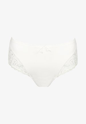 White panties featuring a smooth front and intricate lace detailing on the sides, with a small bow and pearl accents at the waistband.