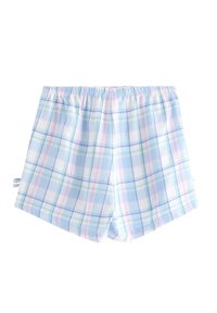 Lyseblå ternede shorts med lyserøde og hvide accenter, med elastik i taljen og bindebånd i siderne til justering. Blødt vævet stof.