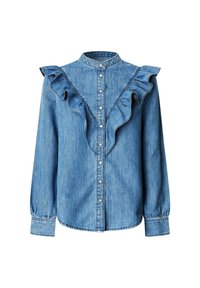 Denim srajca z dolgimi rokavi, z nabranimi detajli spredaj in gumbi za zapiranje. Modra tkanina z gladko teksturo.