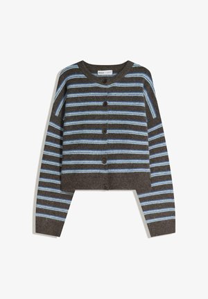Bruine gestreepte cardigan met lichtblauwe en donkerdere strepen. Voorzien van een ronde hals, knoopsluiting en cropped mouwen. Zacht van textuur.