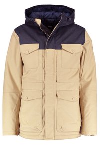 Chaqueta con capucha en beige y azul marino, con cuatro bolsillos delanteros, botones de presión y un forro acolchado para mayor calidez. Tejido texturizado con un acabado suave.