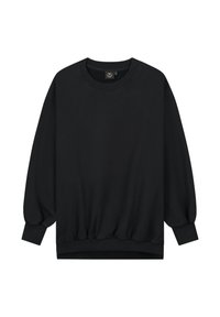 Zwarte sweatshirt met lange, volumineuze mouwen en een geribbelde halslijn. Heeft een gathered zoom en een zachte, gladde textuur. Geen zichtbare patronen of accenten.