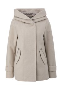 Manteau pour femme en mélange de laine beige avec grand col, manches longues avec poignets et poches zippées à l'avant, conçu pour les temps froids.