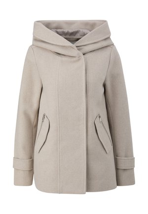 Beige Wollmischung Damenmantel mit weitem Kragen, langen Ärmeln mit Bündchen und Frontreißverschlusstaschen, entworfen für kaltes Wetter.