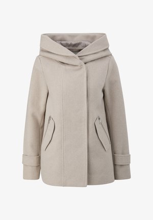 Beige wool blend women's coat with wide collar, long sleeves with cuffs, and front zipper pockets, designed for cold weather.