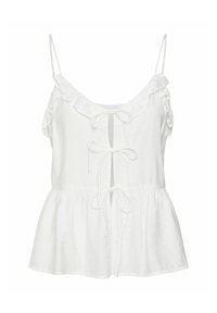 Bílý bezrukávový top s volánovým výstřihem, detaily na přední straně a rozšířeným lemem. Vyrobeno z lehké tkaniny, má jemnou texturu.
