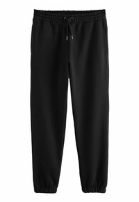 Pantalones de chándal negros con cinturilla elástica y cordón ajustable. Con puños en los bajos. Textura suave, diseño sencillo y sin patrones o logos visibles.