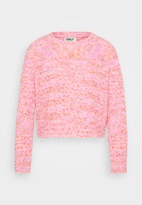 Rozā adīts džemperis ar garām piedurknēm, īss dizains, teksturēts audums, kas sastāv no gaiši un tumši rozā toņu sajaukuma ar oranžiem plankumiem visā virsmā.