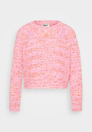Ružový pletený sveter s dlhými rukávmi, skráteným strihom, textúrovanou látkou, obsahujúci kombináciu svetlých a tmavších odtieňov ružovej a oranžové škvŕnky po celej ploche.