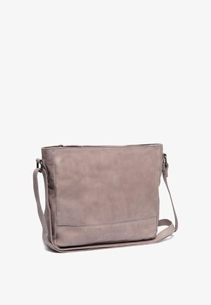 Hellblau-lila Leder-Crossbody-Tasche mit glatter Textur, rechteckiger Form, Reißverschlussverschluss und verstellbarem Gurt. Einfache Steppnähte.