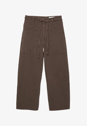 Braune, weit geschnittene Hosen aus weichem Stoff mit einer geflochtenen Kordel, zwei großen vorderen Taschen und einer lockeren Passform.