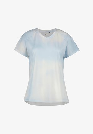 Vaaleansininen lyhythihainen urheilupaita hengittävästä, teksturoidusta materiaalista. Siinä on pyöreä kaula-aukko ja hieman kaareva helma.