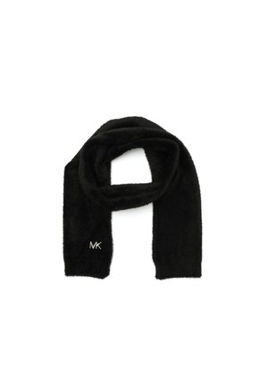 Écharpe noire en matériau doux et pelucheux. Présente un logo "MK" brodé à une extrémité. Forme rectangulaire avec des bords arrondis.