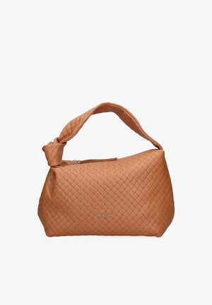 Tan quilted leather shoulder bag with knotted strap and silver "MARC ELLIS" logo on front.