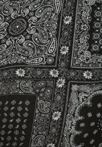 Sort stof med indviklede hvide paisley mønstre, blomsteraccenter og prikkede motiver. Dekorativt detaljeret med varierede designs og teksturer.