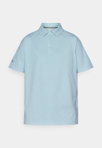 Light blue polo shirt with a geometric pattern, short sleeves, and a classic collar. Features a button placket and logo accent on the sleeve.